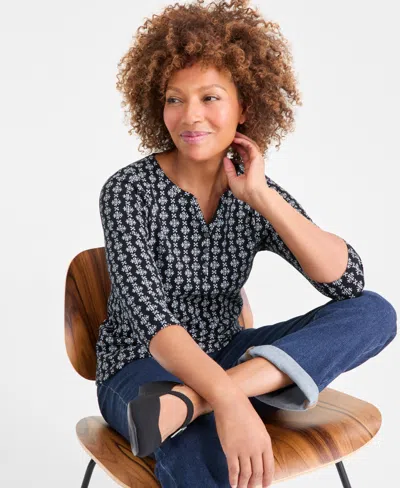 Style & Co Women's Printed 3/4-sleeve Henley Top, Macy's Exclusive In Black