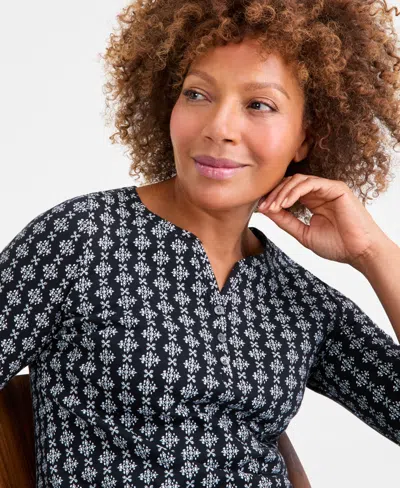 Style & Co Women's Printed 3/4-sleeve Henley Top, Macy's Exclusive In Black