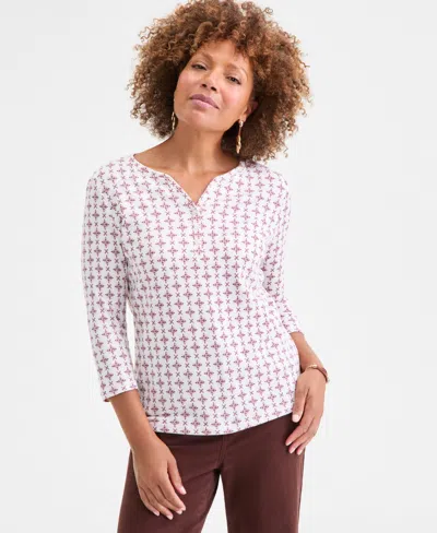 Style & Co Women's Printed 3/4-sleeve Henley Top, Macy's Exclusive In White