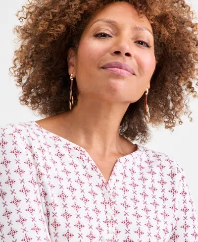 Style & Co Women's Printed 3/4-sleeve Henley Top, Macy's Exclusive In White