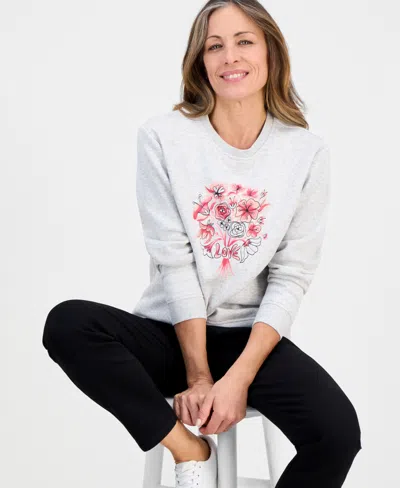 Style & Co Petite Love Flowers Graphic Fleece Sweatshirt, Macy's Exclusive In Gray