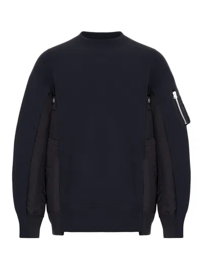 Sacai Cotton Blend Sweatshirt With Nylon Details Applied In Blue