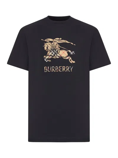 Burberry Men Black Crewneck T-shirt With Ekd And Logo Lettering Embroidery On The Front In Cotton Ma In Multi