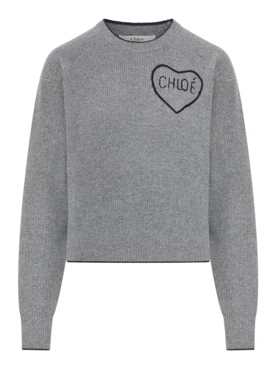 Chloé Chloe Logo Embroidered Wool And Cashmere-blend Jumper In Gray