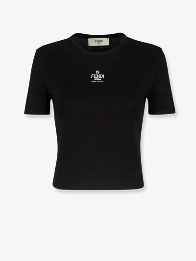 Fendi Women T-shirt A Coste Cropped Con Dettaglio Logo In Cotone Stretch Nero Donna In Black