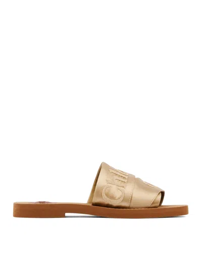 Chloé Woody Satin Sandals Embroidered Logo Rubber Sole In Multi