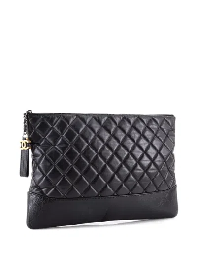 Pre-owned Chanel Gabrielle O Case Quilted Aged Calfskin Large Clutch Bag In Black
