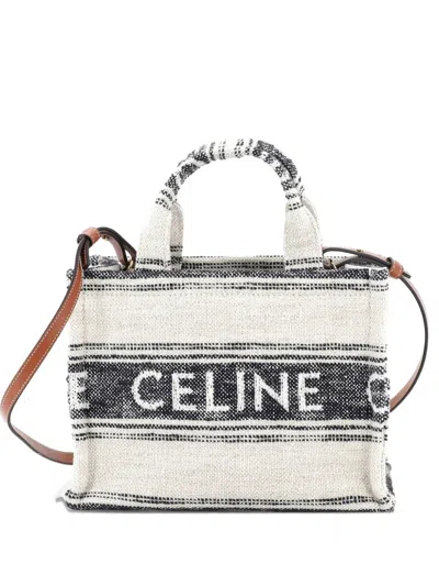 Pre-owned Celine Cabas Thais Tote Striped Jacquard Textile Small Satchel In Neutral