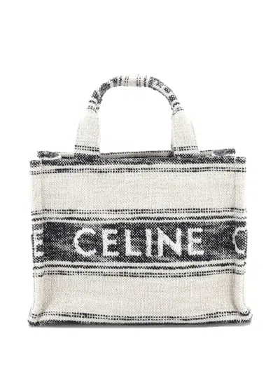 Pre-owned Celine Cabas Thais Tote Striped Jacquard Textile Small Satchel In Neutral