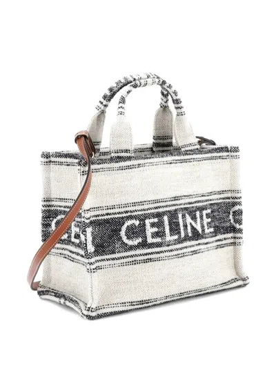 Pre-owned Celine Cabas Thais Tote Striped Jacquard Textile Small Satchel In Neutral