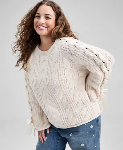 And Now This Trendy Plus Size Satin-laces Cable-knit Sweater, Macy's Exclusive In White