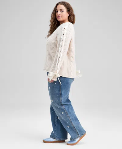 And Now This Trendy Plus Size Satin-laces Cable-knit Sweater, Macy's Exclusive In White
