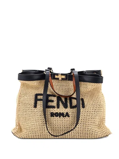 Pre-owned Fendi Peekaboo X- Raffia Medium Tote Bag In Neutral