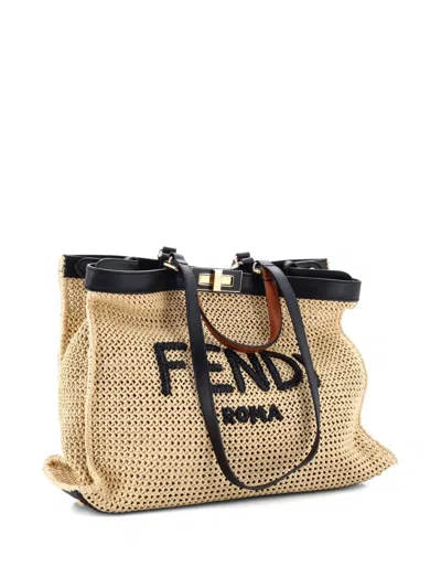 Pre-owned Fendi Peekaboo X- Raffia Medium Tote Bag In Neutral