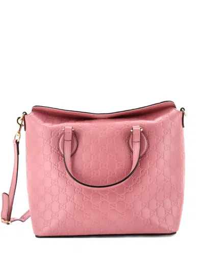 Pre-owned Gucci Signature Fold Over Tote Ssima Leather Medium Satchel In Pink