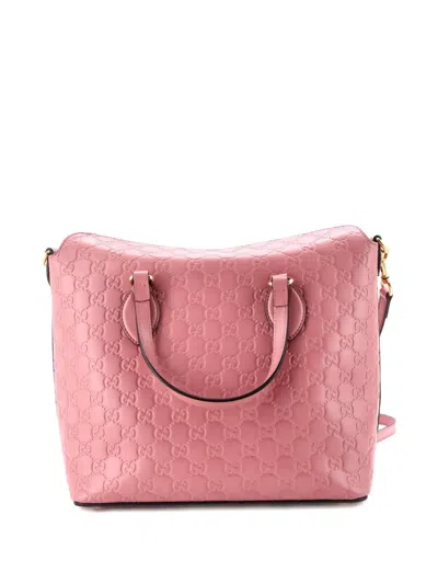 Pre-owned Gucci Signature Fold Over Tote Ssima Leather Medium Satchel In Pink