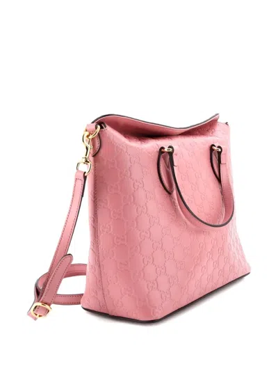 Pre-owned Gucci Signature Fold Over Tote Ssima Leather Medium Satchel In Pink