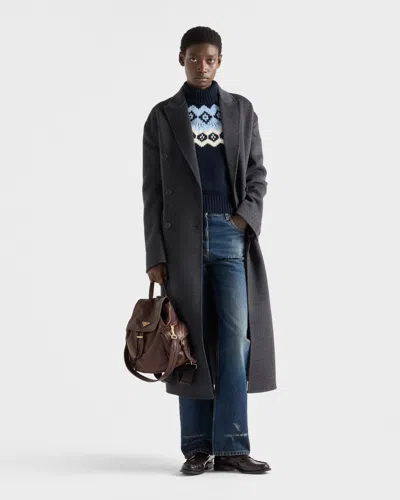 Prada Wool Blend Sweater Patterned Turtleneck Ribbed Trims In Blue