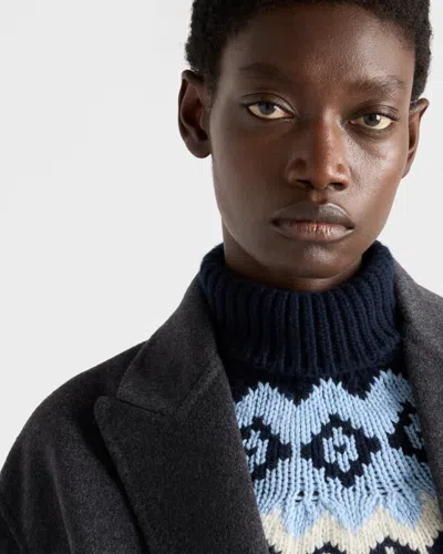 Prada Wool Blend Sweater Patterned Turtleneck Ribbed Trims In Blue
