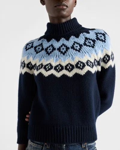 Prada Wool Blend Sweater Patterned Turtleneck Ribbed Trims In Blue