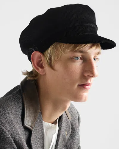Prada Mens  Newsboy Cotton Corduroy Cap In Black
