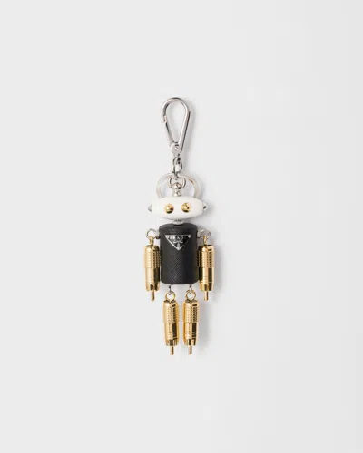 Prada Robot Leather Keyring Charm In Gold