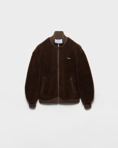 Prada Pile Bomber Jacket High Collar Ribbed Cuffs In Brown