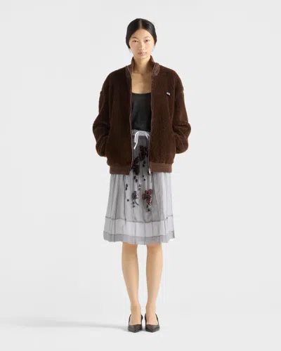 Prada Pile Bomber Jacket High Collar Ribbed Cuffs In Brown