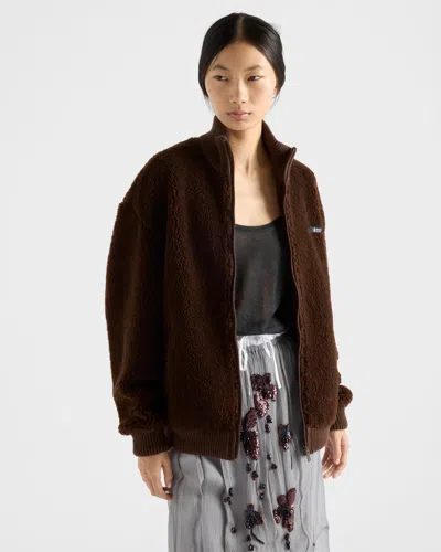 Prada Pile Bomber Jacket High Collar Ribbed Cuffs In Brown