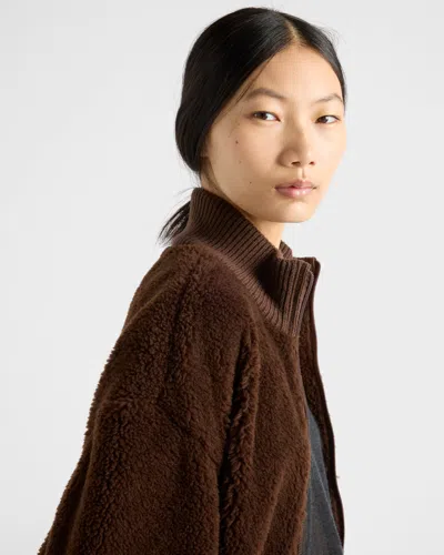 Prada Pile Bomber Jacket High Collar Ribbed Cuffs In Brown