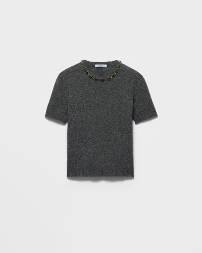 Prada Short Sleeve Knitwear Embellished Neckline In Gray