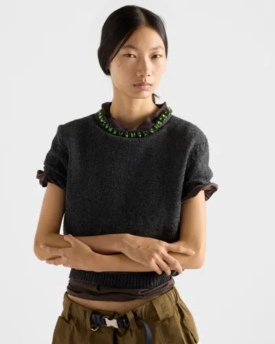 Prada Short Sleeve Knitwear Embellished Neckline In Gray