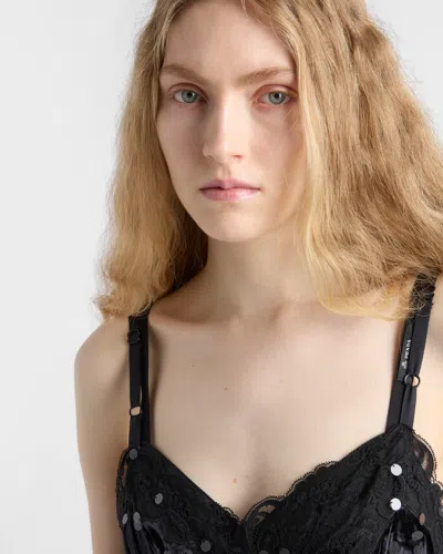 Prada Besticktes Kleid Aus Samt Mit Pailletten Und Spitzen-overlay In Black