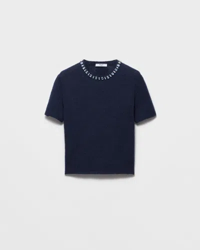 Prada Wool And Cashmere Crewneck Sweater With Jewel Details Clothing In Blue