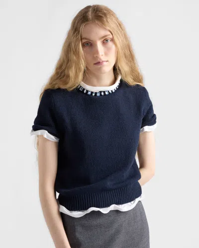 Prada Wool And Cashmere Crewneck Sweater With Jewel Details Clothing In Blue