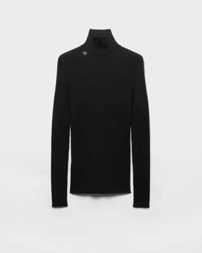 Prada Ribbed Logo Turtleneck Sweater In Black