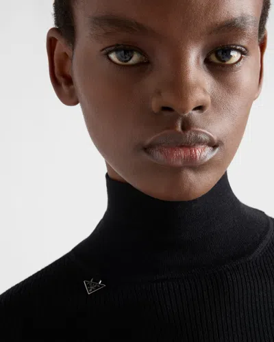 Prada Ribbed Logo Turtleneck Sweater In Black