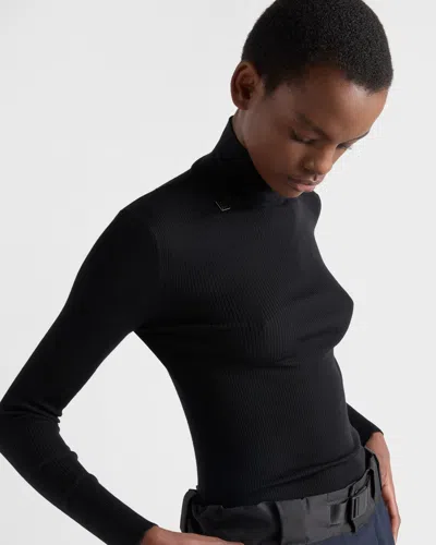 Prada Ribbed Logo Turtleneck Sweater In Black