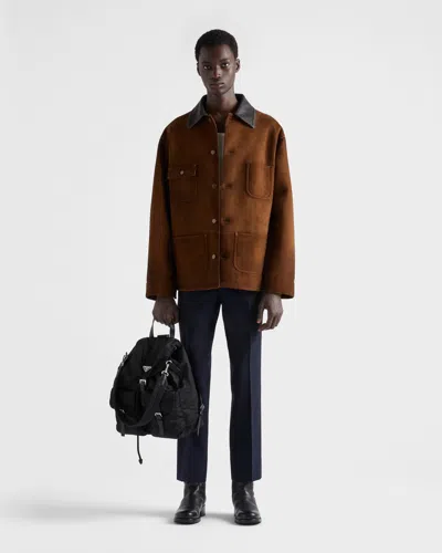 Prada Mens Brown Caban Leather-collar Suede Jacket In Brown