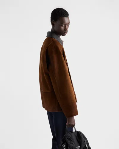 Prada Mens Brown Caban Leather-collar Suede Jacket In Brown