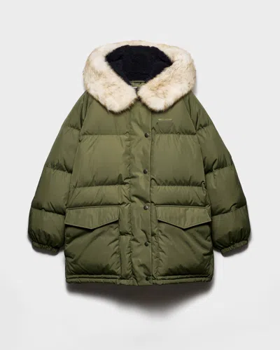Prada Re Nylon Down Jacket Faux Fur Collar In Green