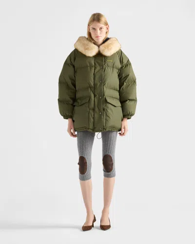 Prada Re Nylon Down Jacket Faux Fur Collar In Green