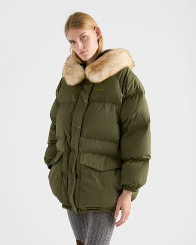 Prada Re Nylon Down Jacket Faux Fur Collar In Green