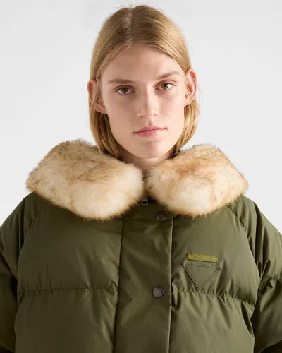 Prada Re Nylon Down Jacket Faux Fur Collar In Green