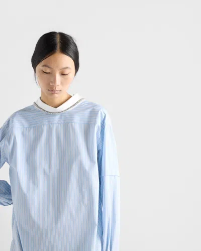Prada Besticktes Gestreiftes Top Aus Popeline In Blue
