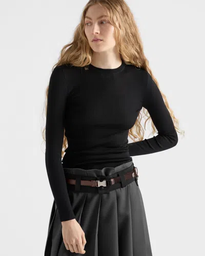 Prada Textured Wool Crewneck Sweater With Long Sleeves In Black