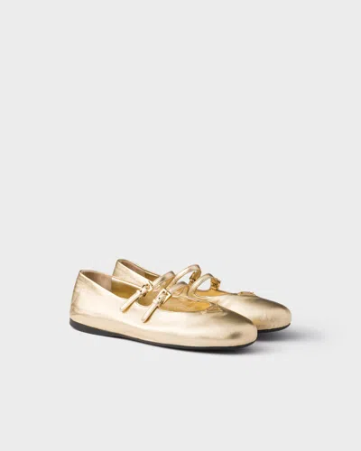 Prada Straped Logo Ballet Flats In Gold