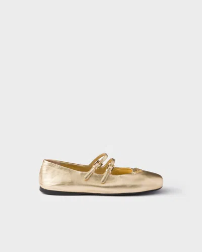Prada Straped Logo Ballet Flats In Gold
