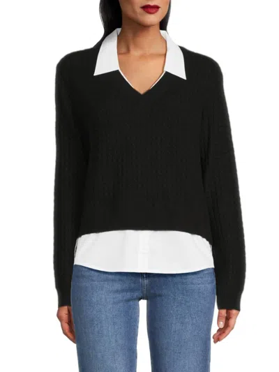 Saks Fifth Avenue Women's 100% Cashmere Layered-look V-neck Cable-knit Sweater In Black