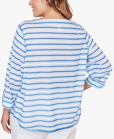 Hearts Of Palm Plus Size Printed 3/4 Sleeve Roll Tab Top In Multi